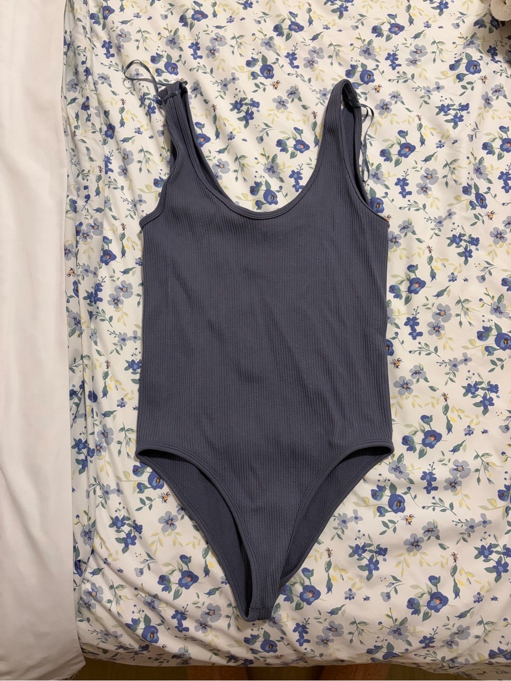 Zara Ribbed Scoop-Neck Bodysuit in Slate Blue